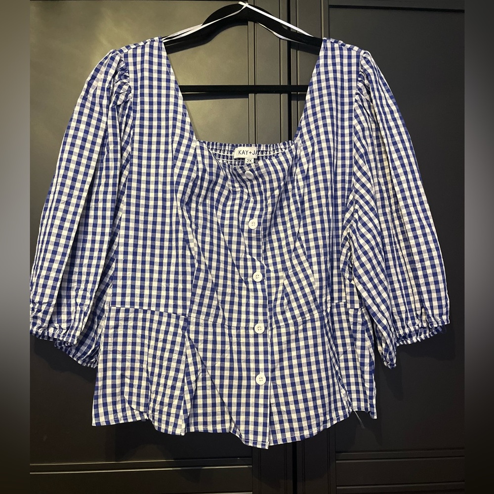 Kay+Jay Gingham Peplum Top, 2X